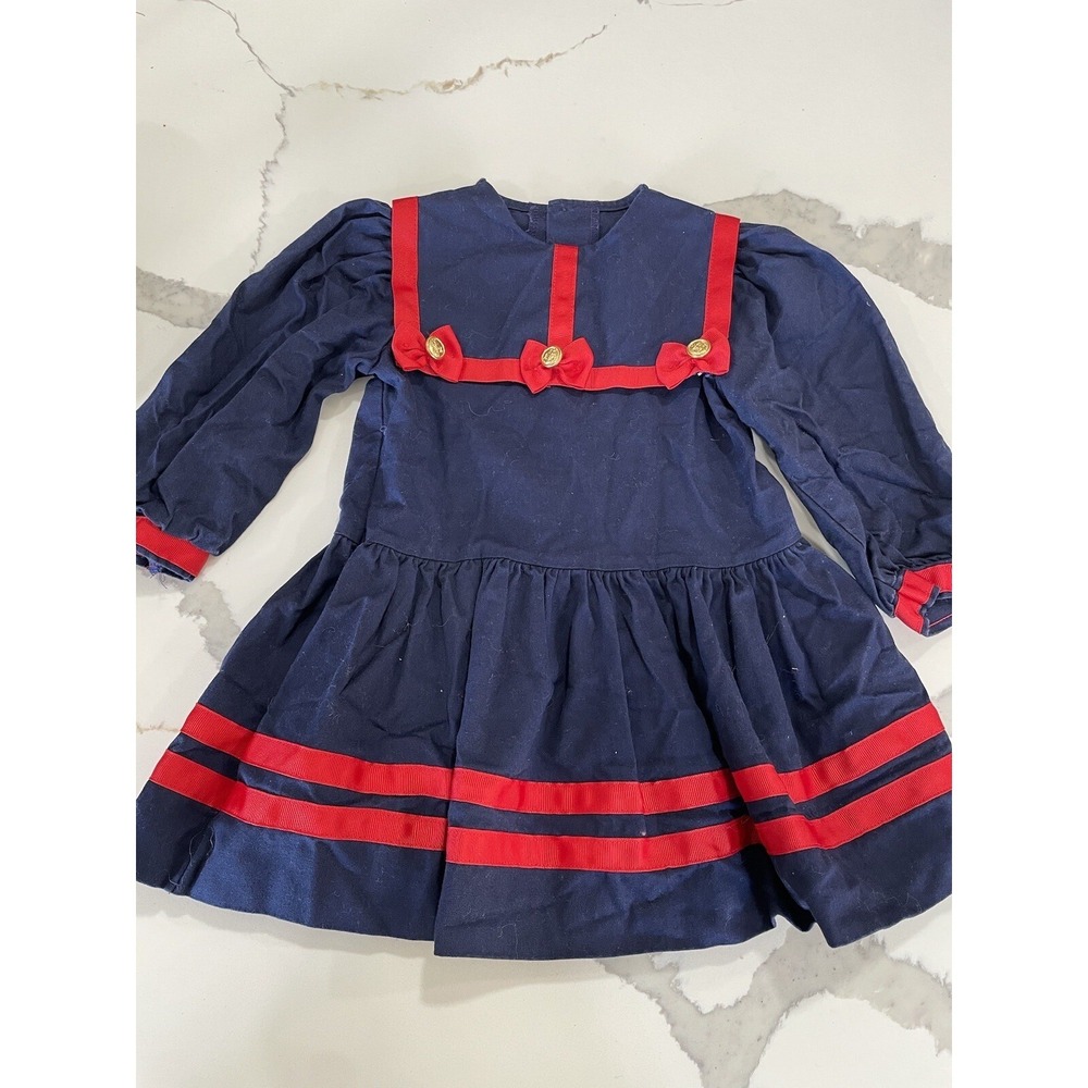 Vintage Peaches 'n Cream Sailor Dress Navy Blue & Red Girl's 3T‎ USA SI35
